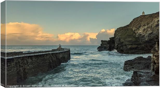 Portreath Harbour Wall, Monkey Hut And Cliffs. Canvas Print by Ernest Sampson