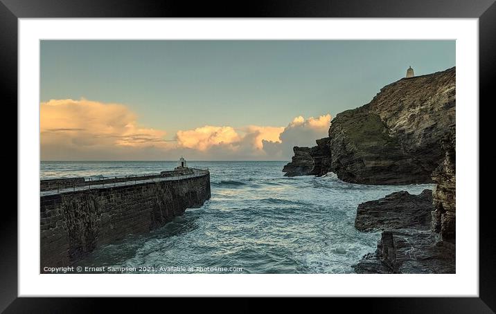 Portreath Harbour Wall, Monkey Hut And Cliffs. Framed Mounted Print by Ernest Sampson