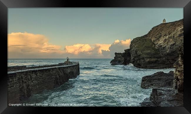 Portreath Harbour Wall, Monkey Hut And Cliffs. Framed Print by Ernest Sampson
