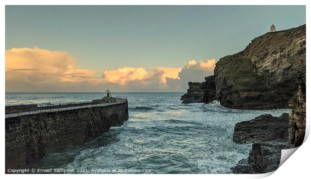 Portreath Harbour Wall, Monkey Hut And Cliffs. Print by Ernest Sampson