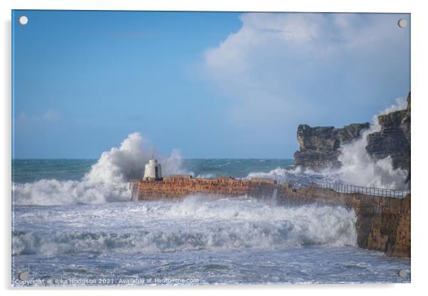 Crashing Waves, Portreath Harbour, Cornwall, England Acrylic by Rika Hodgson