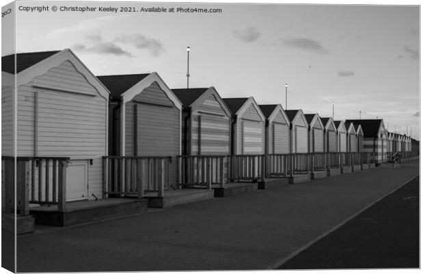 Black and white Gorleston beach huts Canvas Print by Christopher Keeley