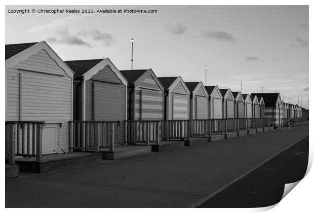 Black and white Gorleston beach huts Print by Christopher Keeley