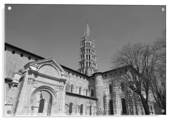Basilique Saint Sernin de Toulouse  in black and white Acrylic by Ann Biddlecombe