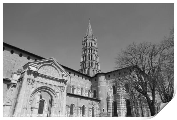 Basilique Saint Sernin de Toulouse  in black and white Print by Ann Biddlecombe