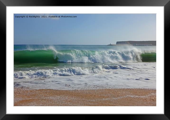 Waves crashing onto a sandy beach in the algarve Framed Mounted Print by Rocklights 