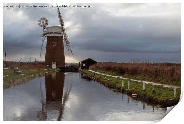 Cloudy skies over Horsey Mill Print by Christopher Keeley