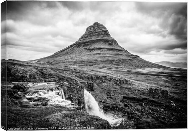 Kirkjufellfoss Waterfall, Iceland in Black & White Canvas Print by Peter Greenway