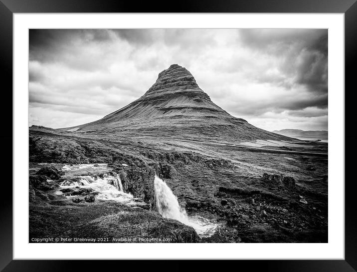 Kirkjufellfoss Waterfall, Iceland in Black & White Framed Mounted Print by Peter Greenway