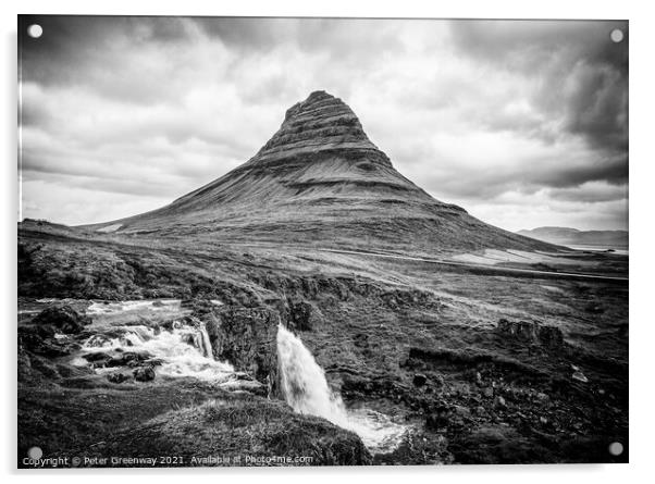Kirkjufellfoss Waterfall, Iceland in Black & White Acrylic by Peter Greenway