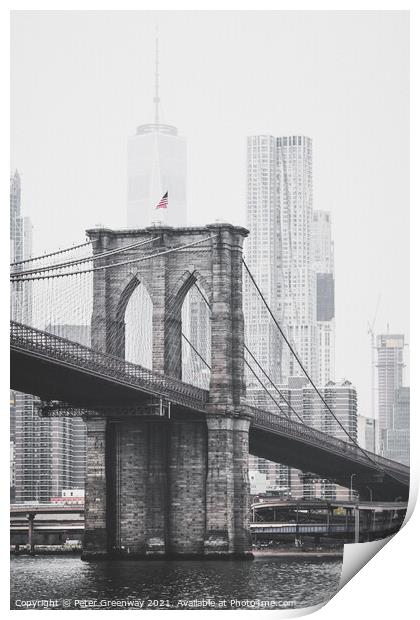 Brooklyn Bridge From New York Harbour Print by Peter Greenway