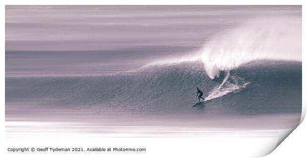 Surfing at Fistral Beach Newquay Print by Geoff Tydeman
