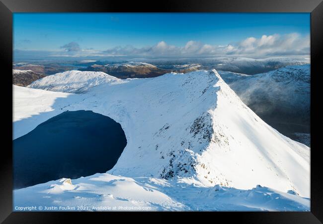 Striding Edge from Helvellyn, in winter Framed Print by Justin Foulkes