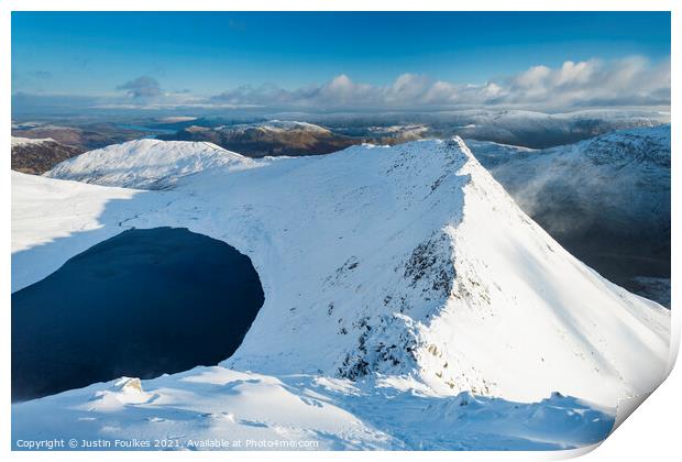 Striding Edge from Helvellyn, in winter Print by Justin Foulkes