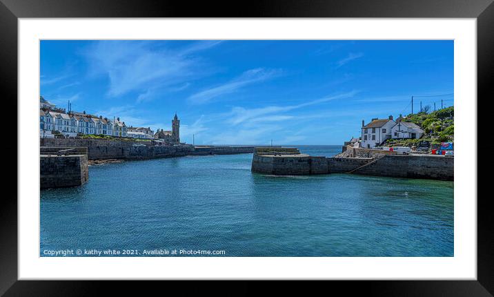 Porthleven Harbour Cornwall,with blue sky in the s Framed Mounted Print by kathy white