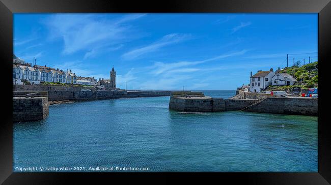 Porthleven Harbour Cornwall,with blue sky in the s Framed Print by kathy white