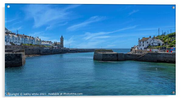 Porthleven Harbour Cornwall,with blue sky in the s Acrylic by kathy white