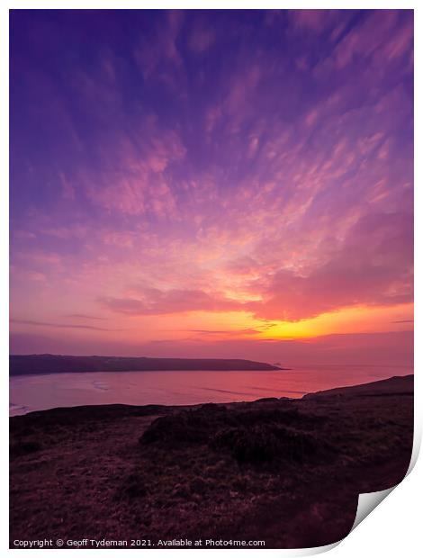Sunset over Crantock Bay Print by Geoff Tydeman