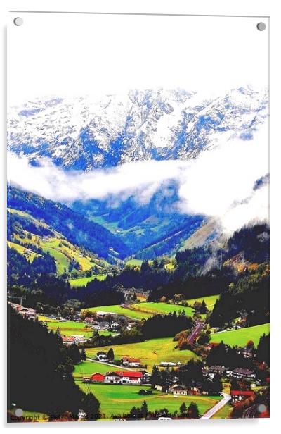 Snowy Austrian Alps and green valley Acrylic by Pieter Marais
