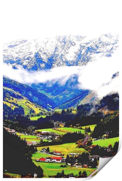 Snowy Austrian Alps and green valley Print by Pieter Marais