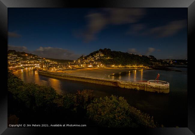 The Banjo pair and Looe beach at dusk Framed Print by Jim Peters