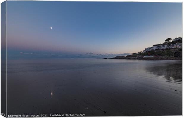 Moonlight reflections on Looe Beach Cornwall Canvas Print by Jim Peters