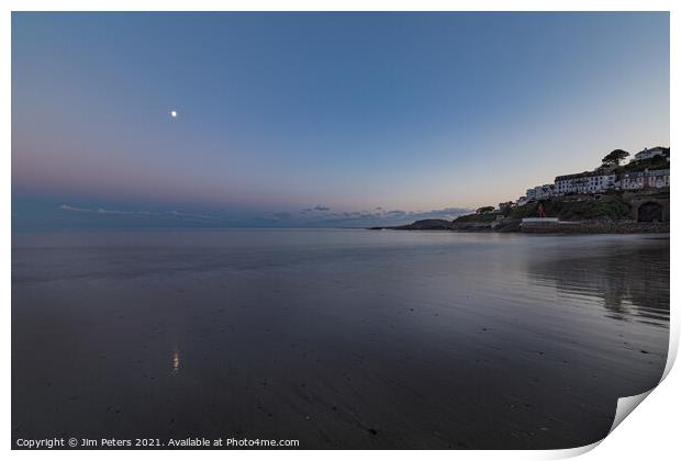 Moonlight reflections on Looe Beach Cornwall Print by Jim Peters