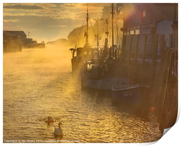 Misty morning Looe Harbour Print by Jim Peters