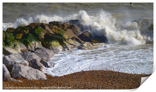 Sea waves on the rocks Print by Antoinette B