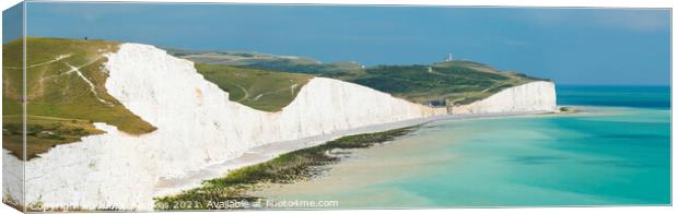 Belle Tout lighthouse and Birling Gap from the Seven Sisters cliffs, South Downs Canvas Print by Justin Foulkes