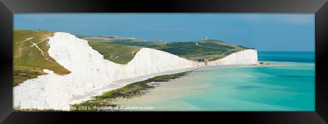 Belle Tout lighthouse and Birling Gap from the Seven Sisters cliffs, South Downs Framed Print by Justin Foulkes