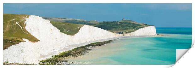 Belle Tout lighthouse and Birling Gap from the Seven Sisters cliffs, South Downs Print by Justin Foulkes