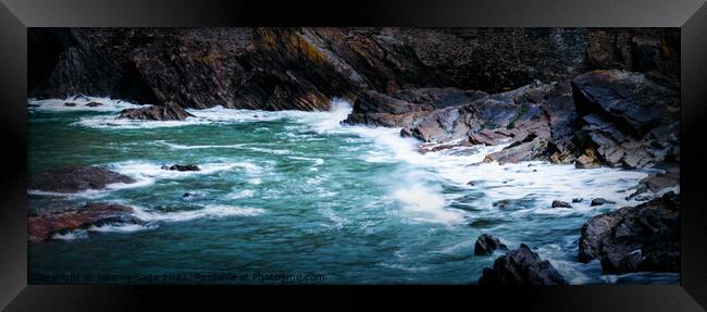 Majestic Waves Crashing Against Rocky Shore Framed Print by Jeremy Sage