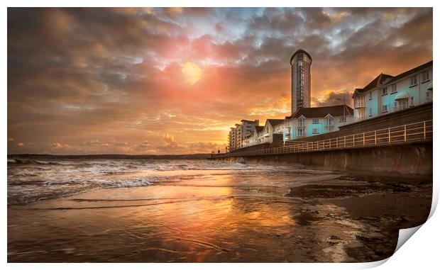 High tide at sunset at Swansea Bay Print by Leighton Collins