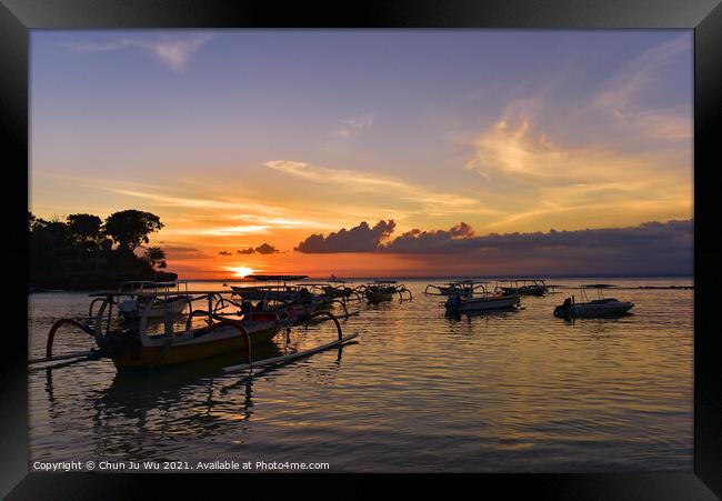 Sunset at Mushroom Beach with boats on the sea, Lembongan, Bali, Indonesia Framed Print by Chun Ju Wu