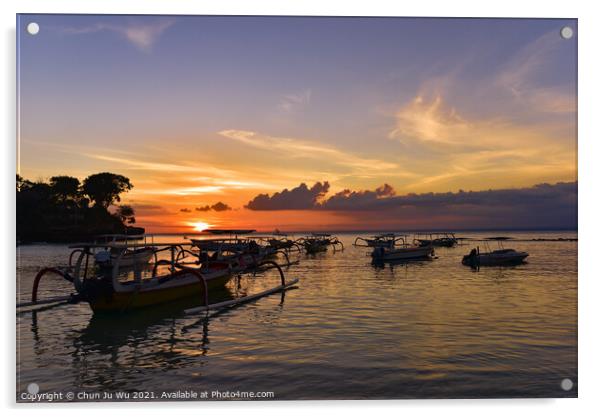 Sunset at Mushroom Beach with boats on the sea, Lembongan, Bali, Indonesia Acrylic by Chun Ju Wu
