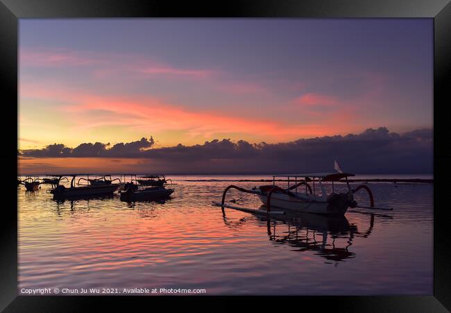 Sunset at Mushroom Beach with boats on the sea, Lembongan, Bali, Indonesia Framed Print by Chun Ju Wu