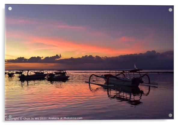 Sunset at Mushroom Beach with boats on the sea, Lembongan, Bali, Indonesia Acrylic by Chun Ju Wu