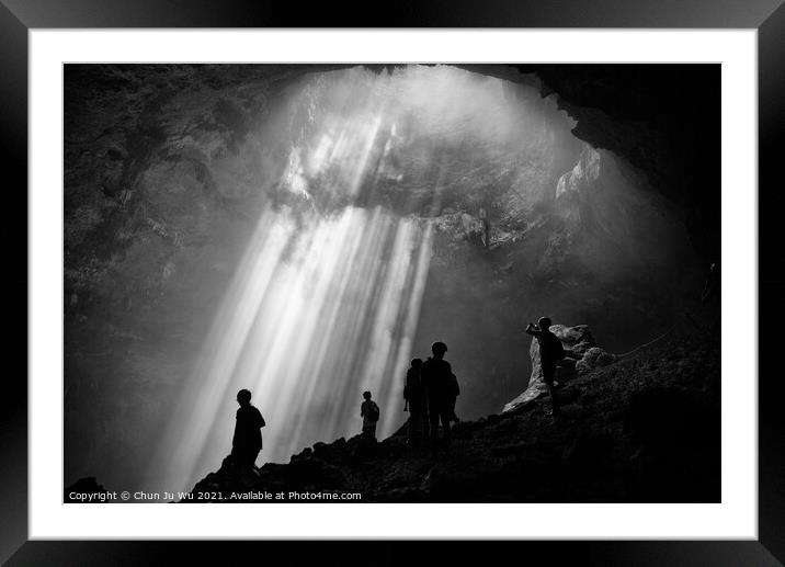 Light from the top of Jomblang Cave in Java island, Indonesia (black and white) Framed Mounted Print by Chun Ju Wu