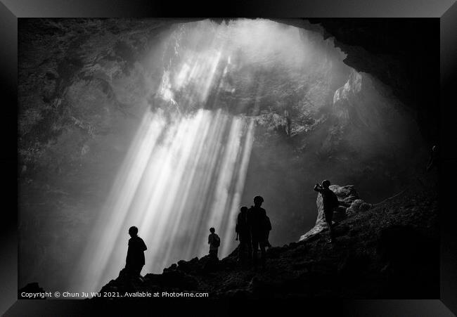 Light from the top of Jomblang Cave in Java island, Indonesia (black and white) Framed Print by Chun Ju Wu