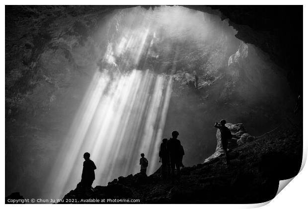 Light from the top of Jomblang Cave in Java island, Indonesia (black and white) Print by Chun Ju Wu