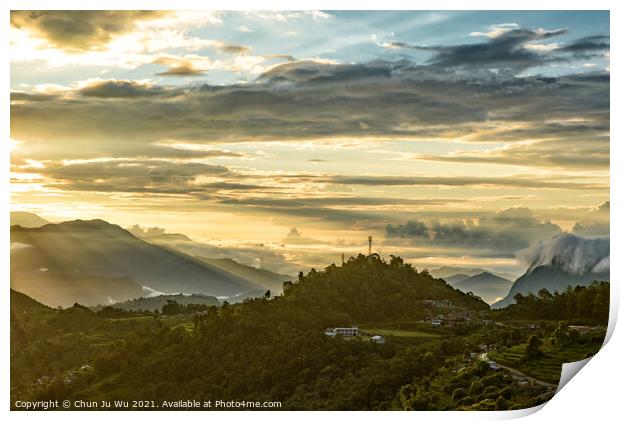 Mountains under the light of sunrise through clouds Print by Chun Ju Wu