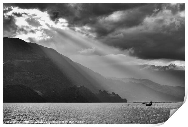 Heaven light at Fewa Lake, Pokhara, Nepal (black and white) Print by Chun Ju Wu