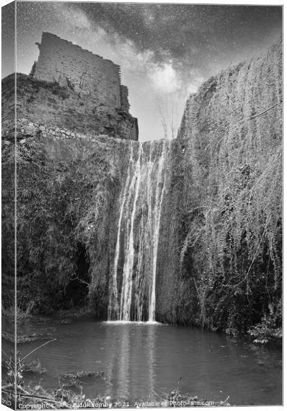 Waterfall at Saint-Guilhem-le-Désert in black and white Canvas Print by Ann Biddlecombe