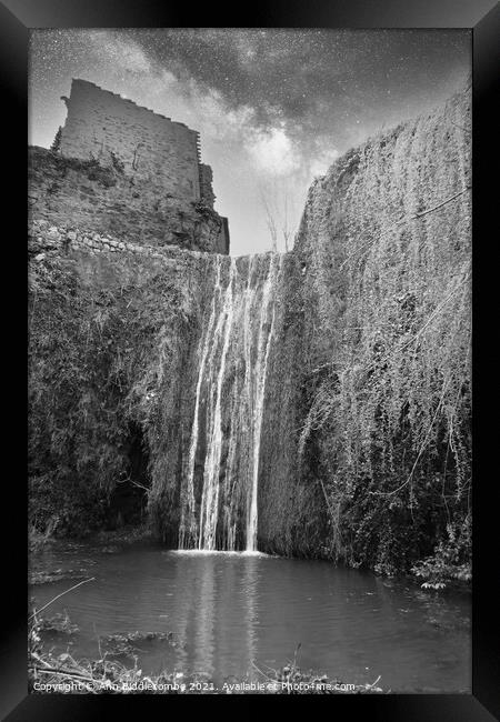 Waterfall at Saint-Guilhem-le-Désert in black and white Framed Print by Ann Biddlecombe