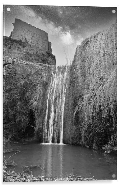 Waterfall at Saint-Guilhem-le-Désert in black and white Acrylic by Ann Biddlecombe