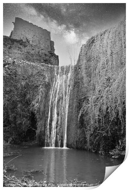 Waterfall at Saint-Guilhem-le-Désert in black and white Print by Ann Biddlecombe