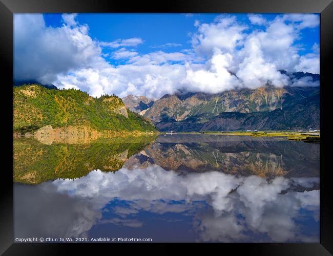 Mountains and reflection on lake with clouds Framed Print by Chun Ju Wu