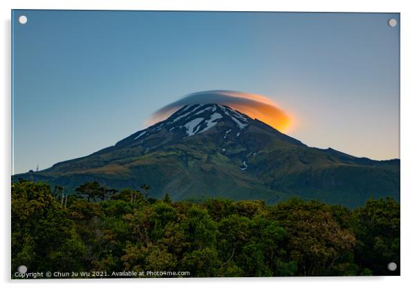 Lenticular clouds with the light of sunrise above Mount Taranaki in New Plymouth, New Zealand Acrylic by Chun Ju Wu