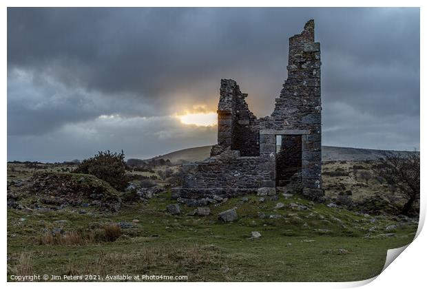 Cloudy sunrise at the old silver mine-works Bodmin Moor Cornwall Print by Jim Peters